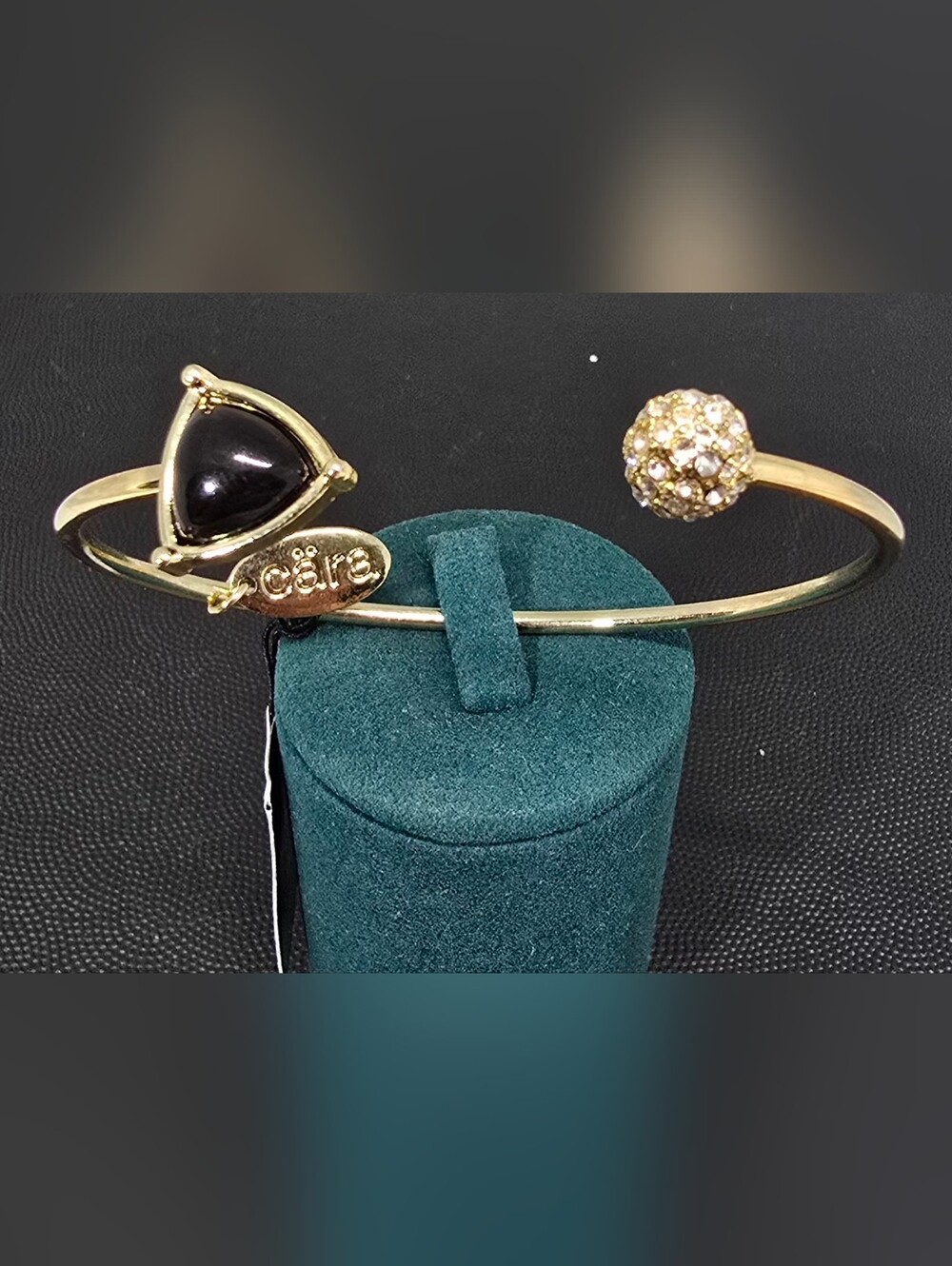 Gold-Tone Open Cuff Bracelet with Black Stone and Pave Ball
